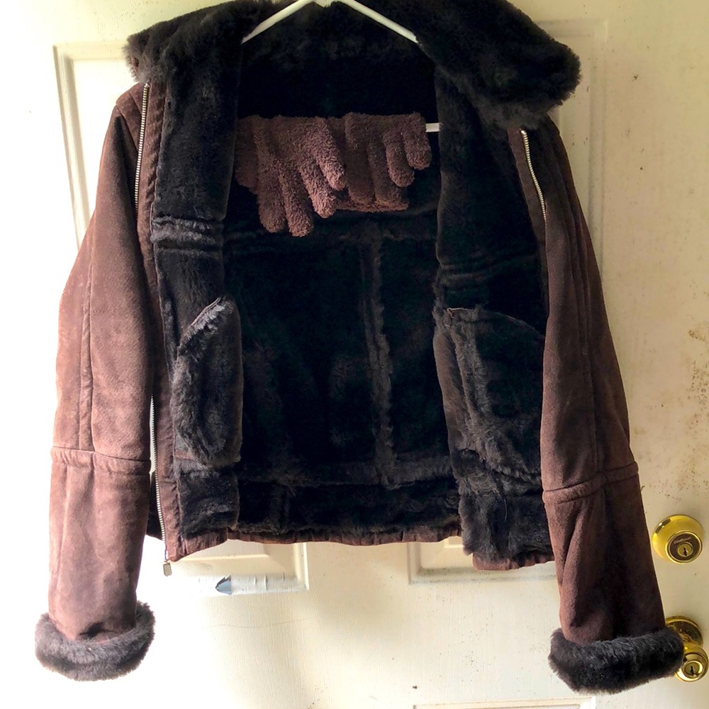 Brown suede jacket with faux fur interior with pair of gloves to match